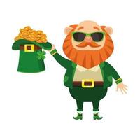 Saint Patrick Leprechaun Charakter mit Sonnenbrille und Münzen im Hut vektor