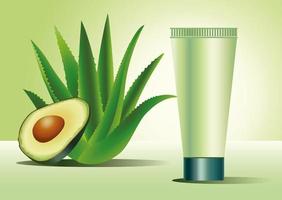 grünes Hautpflegetubenprodukt mit Aloe-Pflanze und Avocado vektor