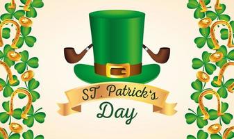 Happy Saint Patricks Day Schriftzug mit Tophat und Holzpfeifen vektor