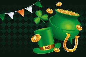 Happy Saint Patricks Day Poster mit Schatzkessel und Tophat vektor