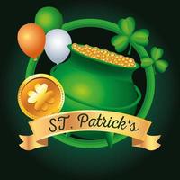 Happy Saint Patricks Day Schriftzug mit Kesselschatz und Luftballons Helium vektor