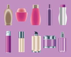 uppsättning av tio hudvård flaskor produkter ikoner vektor