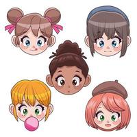 Gruppe von fünf interracial Teenagern Mädchen Anime Köpfe Charaktere vektor