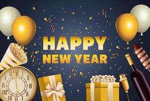 Frohes neues Jahr goldene Schriftzug und Feier Ikonen vektor