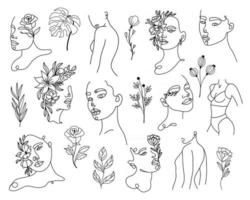Reihe von linearen Frauenporträts und floralen Elementen vektor