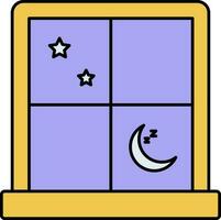 halvmåne måne med stjärnor ut se fönster skärm för sovande tid lila och gul ikon. vektor