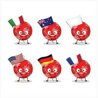 jul boll röd tecknad serie karaktär föra de flaggor av olika länder vektor