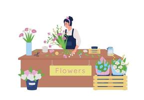 kvinnlig kaukasisk blomsterhandlare som gör blomsterarrangemang platt färg vektor