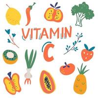 Vitamin C-Quellen setzen Obst und Gemüse angereichert mit Ascorbinsäure Diätetik Lebensmittel Bio-Ernährung Zusammensetzung gesunde Lebensmittel Diätetik Produkte Bio flache Vektor Cartoon Illustration