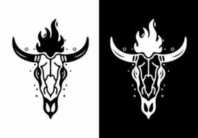 svart och vit tatuering design av tjur skalle med brand flamma vektor