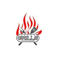 utegrill restaurang - minimalistisk logotyp begrepp. logotyp av utegrill, grill och bar med brand, grill gaffel och spatel. bbq logotyp mall. lämplig för din design behöver, logotyp, illustration, animation, etc. vektor