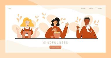 uppsättning människor som övar mindful äta övning koncept illustration för meditation slappna av rekreation hälsosam livsstil mindfulness övning målsida banner design vektor