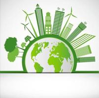 Ökologie und Umweltkonzept Erdsymbol mit grünen Blättern um Städte helfen der Welt mit umweltfreundlichen Ideen vektor