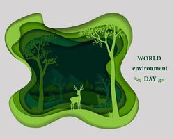 hjortfamiljesilhouette på grönt pappersskuren form abstrakt bakgrund sparar natur- och miljöskyddskoncept med skogsmarklandskap vektor