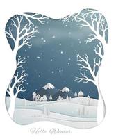 Papierkunstdesign mit Landschafts- und schneebedeckten Hügeln im Winterhintergrundnaturhintergrund für Weihnachtsfeiertagsfeierparty frohes neues Jahr oder Grußkarte vektor