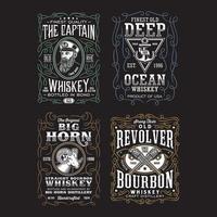 Vintage Whisky Label T-Shirt Design Kollektion auf Schwarz vektor
