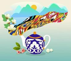 Tee-Werbeplakat mit Teekanne und nationalem Ornament vektor