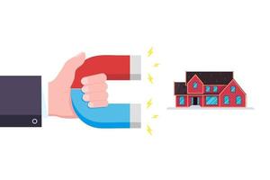 hand hålla röda och blå hästsko magnet ikonen tecken locka hus fastigheter koncept platt stil design vektorillustration isolerad på vit bakgrund vektor