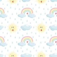 söta vektor sömlösa mönster av regnbåge moln solen och vattendroppar i tecknad stil