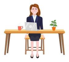 junge schöne Geschäftsfrau ein Charakter, der Geschäftsausstattungseinstellung auf Schreibtisch mit Laptop-Kaffeepflanze trägt und aufwirft vektor