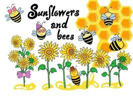 Sonnenblumen- und Bienenset ClipArt und Kunsthandwerk vektor