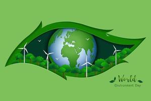Ökologiekonzept des Weltumwelttages mit grüner Erde und Energie auf Papierkunstszenenhintergrund vektor