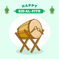 glückliche eid alfitr kartenillustration bedug trommel mit stick cartoon icon illustration menschen religionsikone konzept flach karton stil eid mubarak vektor