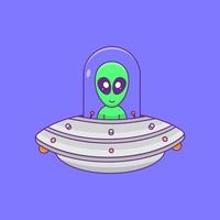 Aliens fliegen mit UFO niedlichen Aliens fliegen mit Raumschiff Cartoon Flat Design Cartoon Spaß Technologie vektor