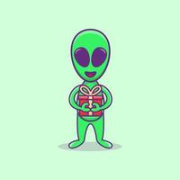 Alien hält Geschenk niedlichen Alien Maskottchen Charakter Cartoon Alien Illustration flachen Design Cartoon-Stil vektor