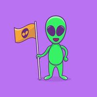 Alien hält Flagge niedlichen Alien Maskottchen Charakter Cartoon Alien Illustration flachen Design Cartoon-Stil vektor