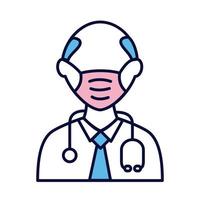 männlicher Arzt, der medizinische Maske mit Stethoskoplinie und Füllartikone trägt vektor