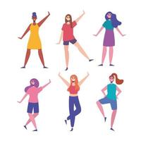 sechs glückliche junge Frauenfiguren vektor