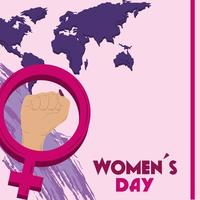 kvinnors dag kvinnliga hand kön tecken och världskarta bakgrundskort vektor