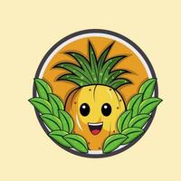 Aufkleber Stil Karikatur Ananas Maskottchen mit Blätter auf Kreis Hintergrund. vektor