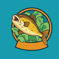 grillad fisk med grön löv på tallrik för mat klistermärke eller affisch design. vektor