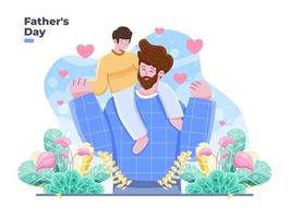 lycklig fäder dag illustration med pappa bär son på axeln och älskar hennes hälsning och firar fader dag barn älskar pappa lämplig för gratulationskort inbjudan banner vykort vektor