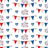 vektor sömlösa mönster av fyrverkeriflaggor och ballonger i röda vita och blå patriotiska färger 4 juli