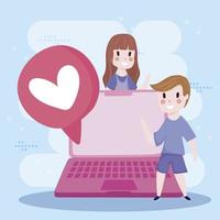 Mädchen und Junge mit Laptop-Chat lieben Social-Media-Cartoon vektor