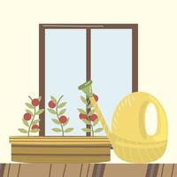 Hausgarten Gießkanne Tomaten in Topf und Fenster vektor