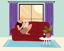 Frau mit Laptop sitzt auf dem Sofa im Wohnzimmer Arbeit zu Hause vektor