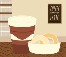 Coffeeshop Tasse zum Mitnehmen und Donuts im Korb vektor