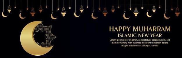 Happy Muharram Feier Banner oder Header mit goldenem Mond vektor