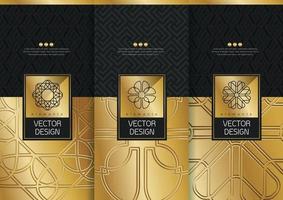 Vektor-Set-Verpackungsvorlagen schwarz-goldene Etiketten und Rahmen für Luxusprodukte im trendigen linearen Stil vektor