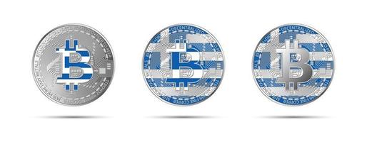 drei Bitcoin-Kryptomünzen mit der Flagge des griechischen Geldes der zukünftigen modernen Kryptowährungsvektorillustration vektor