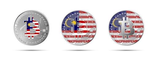 Drei Bitcoin-Kryptomünzen mit der Flagge von Malaysia-Geld der zukünftigen modernen Kryptowährungsvektorillustration vektor