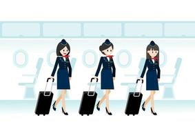 seriefigur med tre vackra flygvärdinnan som håller resväskan på jetpassagerare och sätesflyg- eller flygplanssäteslinjen i hyttens platta ikonvektor vektor