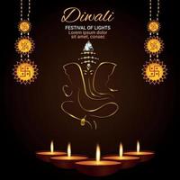 diwali festival av ljus firande bakgrund med gyllene ganesha och diwali diya vektor