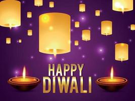 glad diwali festivalen för ljus firande gratulationskort med diwali lampa på lila bakgrund vektor