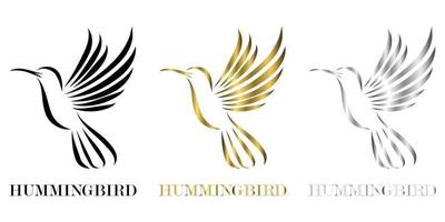 dreifarbige Schwarzgold-Silber-Linienkunst-Vektorillustration auf einem weißen Hintergrund des fliegenden Kolibris, der für die Herstellung von Logos geeignet ist vektor