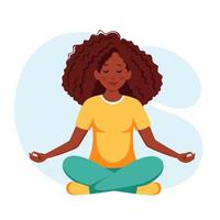 Afroamerikanerfrau, die im Lotus-Pose-internationalen Tag des Yoga meditiert vektor